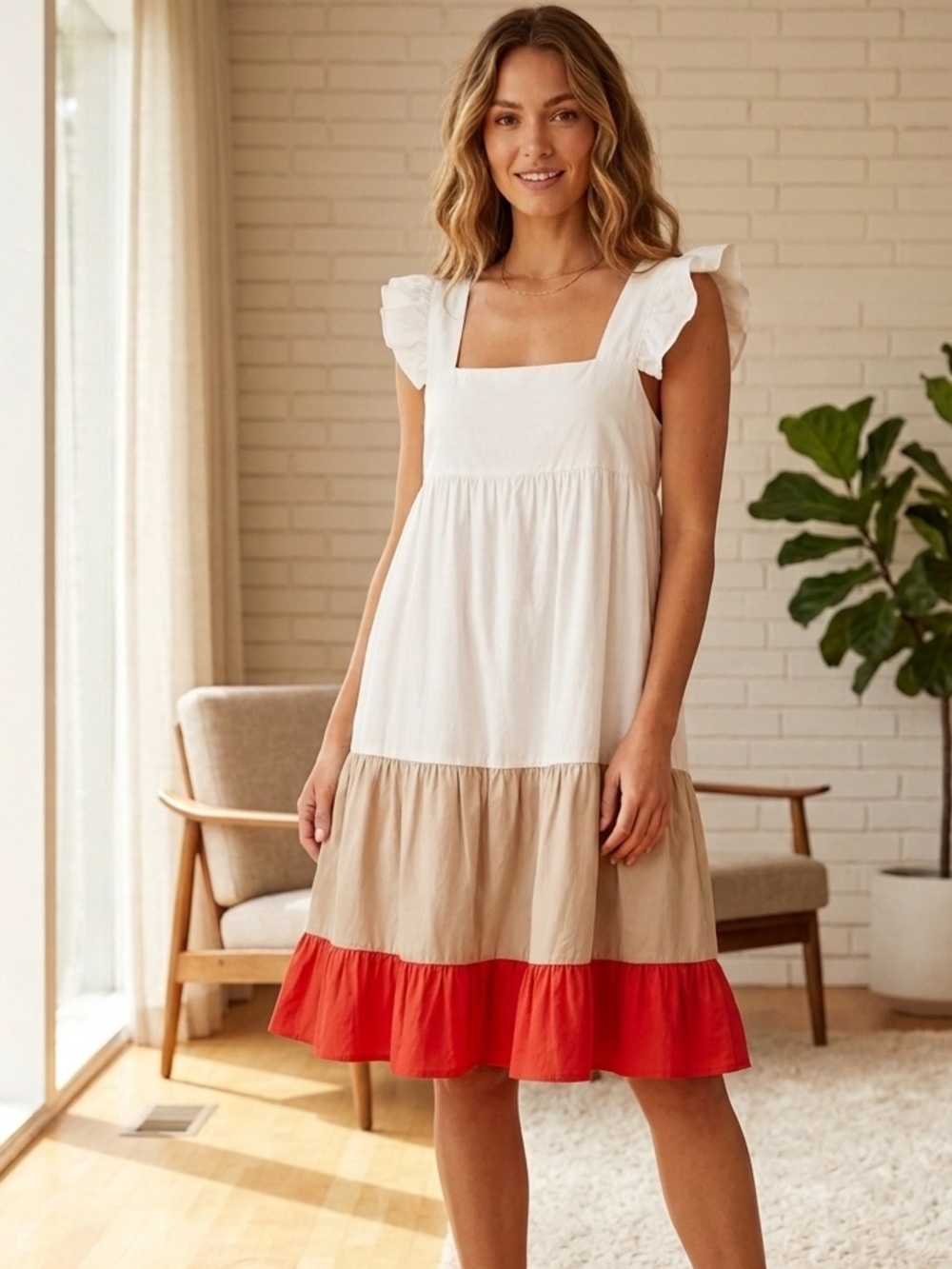 HYFVE Colorblock Tiered Ruffle Dress Medium M White Tan Red Knee Length Sundress